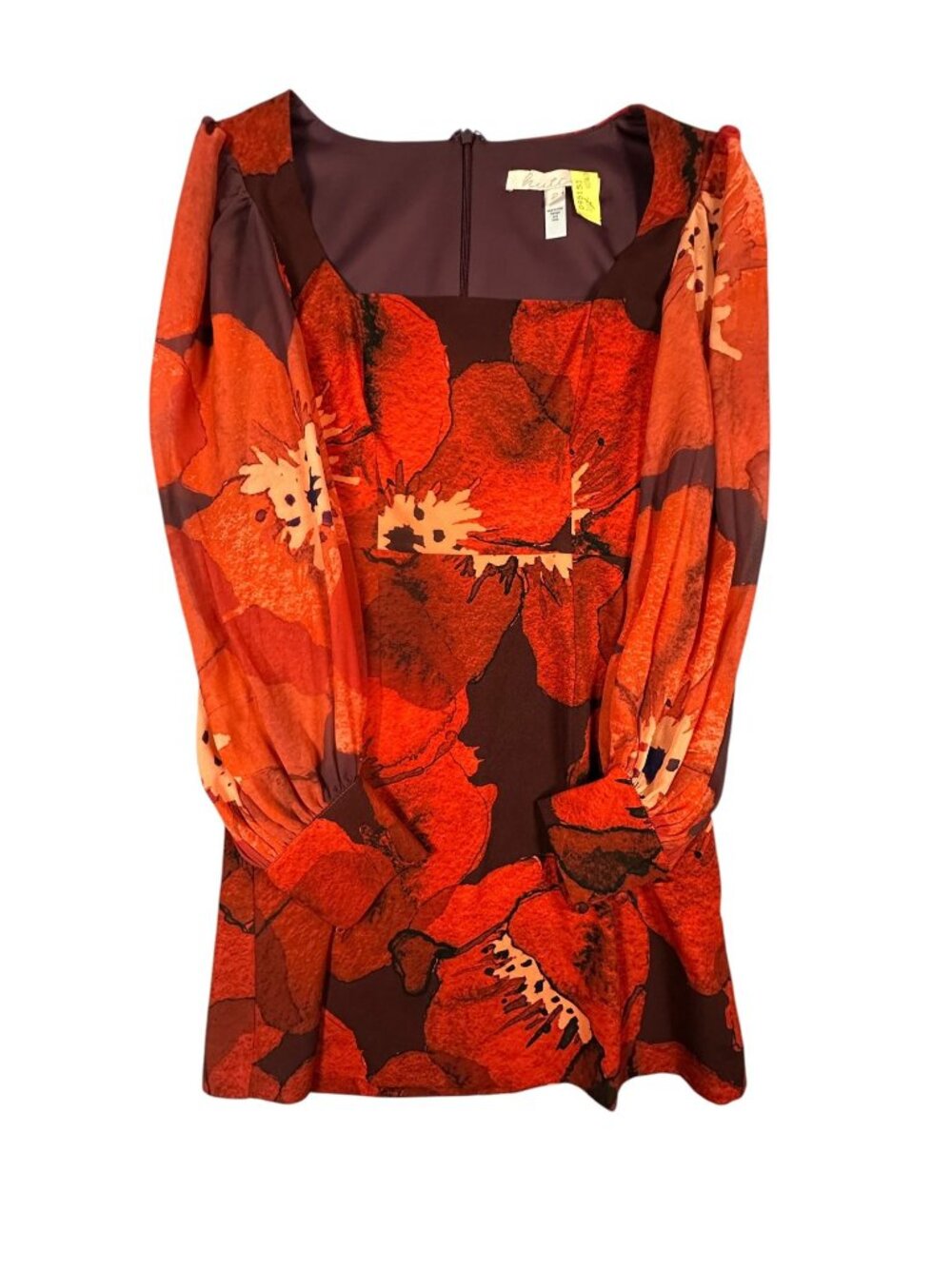 Anthropology Hutch Poppy Square Neck Long Sleeve Mini Dress Red 2 Puff Sleeve - Picture 2 of 8